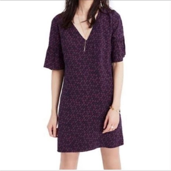 MADEWELL Clover Print Silk Bell Sleeve Dress 00 - Picture 1 of 8
